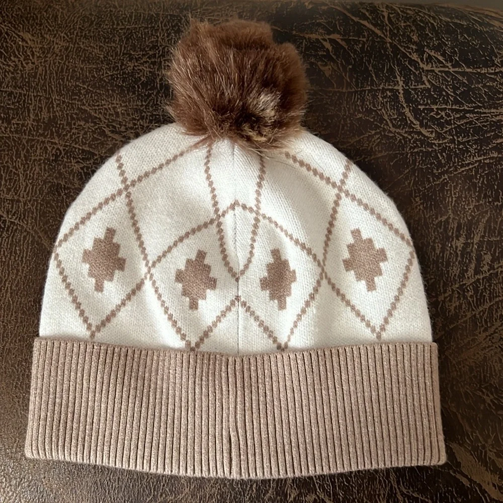 ❤️HOST PICK❤️Rachel Zoe Tan & White Pompom Hat-Like New